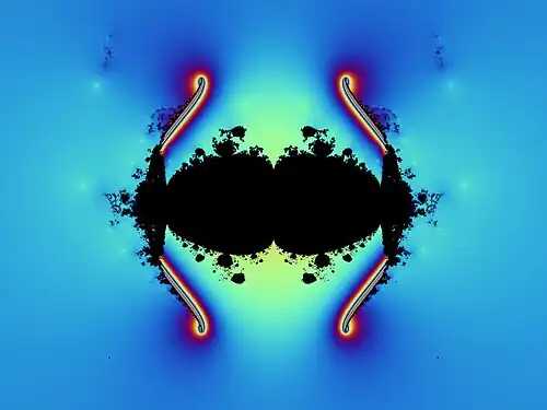 Mandelbrot set constructed using two different critical points; shows boundary in the upper half part and continuous colouring