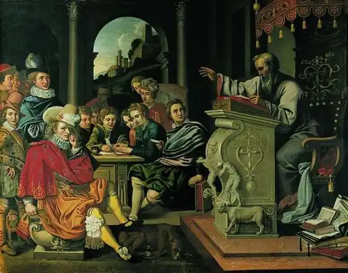 Painting depicting a lecture in a knight academy, painted by Pieter Isaacsz or Reinhold Timm for Rosenborg Castle as part of a series of seven paintings depicting the seven independent arts. This painting illustrates Rhetorics.