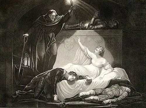 Romeo and Juliet, Juliet wake up in the grave. Original painting by J. Northcode, R.A., engraved by P. Simon .