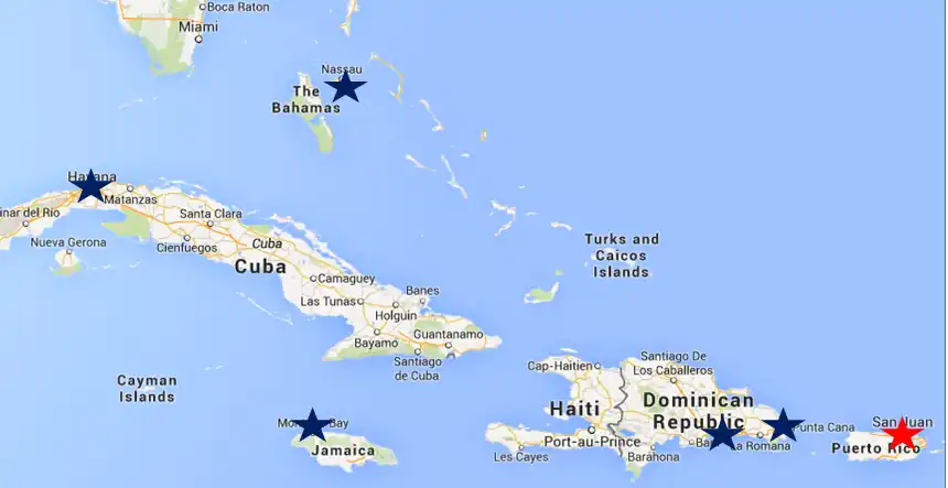 The location of SJU in San Juan, Puerto Rico (denoted by a red star) relative to several other major Caribbean airports (denoted by blue stars).