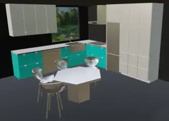 Three distinct functional areas: dining and tableware management (left), food preparation (center), pantry (right)