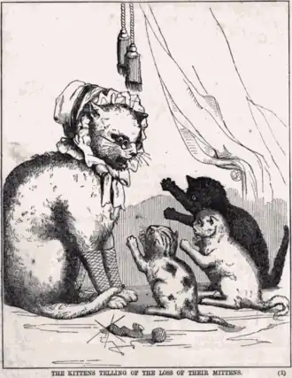 A drawing of three little cats looking at a big cat.