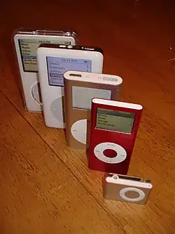 Various iPods, popular media players during the 2000's.