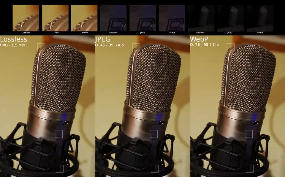 A comparison between lossless PNG, lossy JPG, and lossy Webp, including filesizes. The lossy formats are much smaller then the lossless PNG. The Webp delivers better visual fidelity then the JPG at about the same file size.