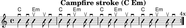 \version "2.20.0"
\header {
title="Campfire stroke (C Em)"
encoder="mjchael"
}
myChords = \new ChordNames { \chordmode {
c4. e8:m s2 c4. e8:m s2
c4. e8:m s2 c4. e8:m s2
}}
Lager_Em_b = {
<b, g b e'>4 \upbow %+
<b, g b e'>8 \upbow %+
<b, g b e'>4 \downbow %4
}
Lager_C_a = {
<e, c e>4 \downbow
<g c' e'>8 \downbow
}
myRhythm = { \repeat volta 4 {
\Lager_C_a \Lager_Em_b \Lager_C_a \Lager_Em_b
\Lager_C_a \Lager_Em_b \Lager_C_a \Lager_Em_b
\mark "4x"
}}
\score { << %layout
% Chords
\myChords
% Slash Notation
\new Voice \with {
\consists "Pitch_squash_engraver"
}{
\set Staff.midiInstrument = "acoustic guitar (nylon)"
\improvisationOn
\override NoteHead.X-offset = 0
\myRhythm
}
>> \layout{} }
\score { << % midi
\unfoldRepeats {
\tempo 4 = 90
\time 4/4
\key d \major
\set Staff.midiInstrument = #"acoustic guitar (nylon)"
g,4 a, b,
\myRhythm
<g, b, d g b g,>1 \downbow
}
>> \midi{} }
\paper {
indent=0\mm
line-width=180\mm
oddFooterMarkup=##f
oddHeaderMarkup=##f
% bookTitleMarkup=##f
scoreTitleMarkup=##f
}