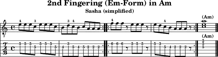 \version "2.20.0"
\header {
title="2nd Fingering (Em-Form) in Am"
subtitle="Sasha (simplified)"
}
%% Diskant- bzw. Melodiesaiten
Diskant = \relative c' {
\set TabStaff.minimumFret = #2
\set TabStaff.restrainOpenStrings = ##t
\key c \major
\repeat volta 2 {
e8-4 e e c-3 e e e c |
b d-3 c-4 b c a a a |
}
\repeat volta 2 {
f'-4 f f r e e e r |
e d c-4 b a a a r |
}
\set TabStaff.minimumFret = #5
<c e a>1^\markup { \bold {(Am)} }
\bar "|."
}
%% Layout- bzw. Bildausgabe
\score {
<<
\new Voice {
\clef "treble_8"
\time 4/4
\tempo 4 = 60
\set Score.tempoHideNote = ##t
\Diskant
}
\new TabStaff { \tabFullNotation \Diskant }
>>
\layout {}
}
%% Midiausgabe mit Wiederholungen, ohne Akkorde
\score {
<<
\unfoldRepeats {
\new Staff <<
\tempo 4 = 120
\time 4/4
\set Staff.midiInstrument = #"acoustic guitar (nylon)"
\clef "G_8"
\Diskant
>>
}
>>
\midi {}
}
%% unterdrückt im raw="!"-Modus das DinA4-Format.
\paper {
indent=0\mm
%% DinA4 = 210mm - 10mm Rand - 20mm Lochrand = 180mm
line-width=180\mm
oddFooterMarkup=##f
oddHeaderMarkup=##f
% bookTitleMarkup=##f
scoreTitleMarkup=##f
}