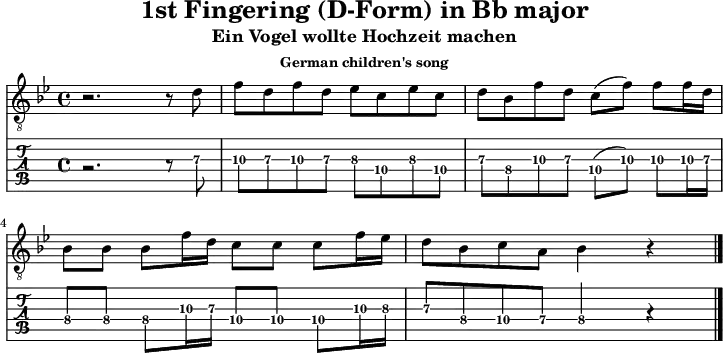 \version "2.20.0"
\header {
title="1st Fingering (D-Form) in Bb major"
subtitle="Ein Vogel wollte Hochzeit machen"
subsubtitle="German children's song"
}
%% Diskant- bzw. Melodiesaiten
Diskant = \relative c {
\set TabStaff.minimumFret = #7
\set TabStaff.restrainOpenStrings = ##t
\key bes \major
r2. r8 d'8 |
f8 d f d es c es c |
d bes f' d c( f) f f16 d | \break
bes8 8 8 f'16 d c8 c c f16 es |
d8 bes c a bes4 r4
\bar "|."
}
%% Layout- bzw. Bildausgabe
\score {
<<
\new Voice {
\clef "treble_8"
\time 4/4
\tempo 4 = 120
\set Score.tempoHideNote = ##t
\Diskant
}
\new TabStaff { \tabFullNotation \Diskant }
>>
\layout {}
}
%% Midiausgabe mit Wiederholungen, ohne Akkorde
\score {
<<
\unfoldRepeats {
\new Staff <<
\tempo 4 = 120
\time 4/4
\set Staff.midiInstrument = #"acoustic guitar (nylon)"
\clef "G_8"
\Diskant
>>
}
>>
\midi {}
}
%% unterdrückt im raw="!"-Modus das DinA4-Format.
\paper {
indent=0\mm
%% DinA4 = 210mm - 10mm Rand - 20mm Lochrand = 180mm
line-width=180\mm
oddFooterMarkup=##f
oddHeaderMarkup=##f
% bookTitleMarkup=##f
scoreTitleMarkup=##f
}