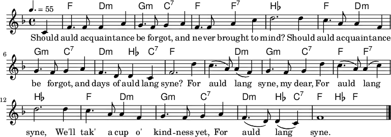 \version "2.12.3"
\language "deutsch"
\header {
tagline = ""
}
\layout {
indent = #0
}
akkorde = \chordmode {
\set chordChanges = ##t
s4 f2 d:m g:m c:7 f f:7 b1*3/4
s4 f2 d:m g:m c:7 d:m b4 c:7 f1*3/4
s4 f2 d:m g:m c:7 f f:7 b1*3/4
s4 f2 d:m g:m c:7 d:m b4 c:7 f b f
}
global = {
\autoBeamOff
\tempo 4. = 55
\key f \major
\time 4/4
}
melodie = \relative c' {
\global
\partial 4 c4 | f4. f8 f4 a4 | g4. f8 g4 a4 | f4. f8 a4 c4 | d2.
d4 | c4. a8 a4 f4 | g4. f8 g4 a4 | f4. d8 d4 c4 | f2. d'4 | c4.( a8) a4( f4) | g4. f8 g4 d'4 | c4.( a8) a4( c4) | d2. d4 | c4. a8 a4 f4 |
g4. f8 g4 a4 | f4.( d8) d4( c4) | f1 \bar "|."
\bar "|."
}
text = \lyricmode {
Should auld ac -- quain -- tance be for -- got,
and ne -- ver brought to mind?
Should auld ac -- quain -- tance be for -- got,
and days of auld lang syne?
For auld lang syne, my dear,
For auld lang syne,
We'll tak' a cup o' kind -- ness yet,
For auld lang syne.
}
\score {
<<
\new ChordNames { \akkorde }
\new Voice = "Lied" { \melodie }
\new Lyrics \lyricsto "Lied" { \text }
>>
\midi {}
\layout {}
}