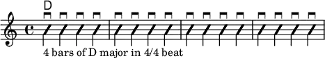 <<
\new ChordNames {
\chordmode {
d4
}
}
\new Voice \with {
\consists "Pitch_squash_engraver"
}{
\set Staff.midiInstrument = "acoustic guitar (nylon)"
\improvisationOn
\override NoteHead.X-offset = 0
<a, d a>4 \downbow _"4 bars of D major in 4/4 beat"
<a d' fis'> \downbow
<a, d a>4 \downbow
<a d' fis'> \downbow
<a, d a>4 \downbow
<a d' fis'> \downbow
<a, d a>4 \downbow
<a d' fis'> \downbow
<a, d a>4 \downbow
<a d' fis'> \downbow
<a, d a>4 \downbow
<a d' fis'> \downbow
<a, d a>4 \downbow
<a d' fis'> \downbow
<a, d a>4 \downbow
<a d' fis'> \downbow
}
>>
