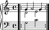 % Benedetti's Puzzle
\new PianoStaff <<
\new Staff \fixed c' {\bar".|:" \clef treble \time 4/4 << { g4 a2 g4 } \\ { d2 e2 } >> \bar":|."}
\new Staff \fixed c {\clef bass \time 4/4 g2 c'2 }
>>