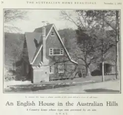 Newspaper clipping with a black-and-white photograph of an arts & crafts style house. Below the image are the headlines "In summer this house is almost invisible at this point behind a screen of oak leaves. - An English House in the Australian Hills - A Country home whose type was governed by its site. - By W. A. S."