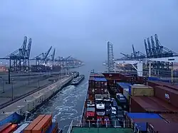 Passage of a lock at the port of Antwerp, seen from the deck of a container ship.