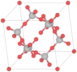 Unit cell of β-cristobalite; red spheres are oxygen atoms.