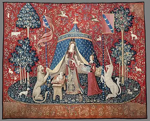 The Lady and the Unicorn, the title given to a series of six tapestries woven in Flanders, this one being called À Mon Seul Désir; late 15th century; wool and silk; 377 x 473 cm; Musée de Cluny (Paris)