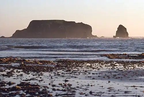 Corps-Mort,[17] uninhabited rock, from the island of Havre-Aubert at low tide.