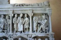 Cast of Christ's trial before Pilate, with Pilate about to wash his hands. Detail from the Early Christian Sarcophagus of Junius Bassus (d. 359)
