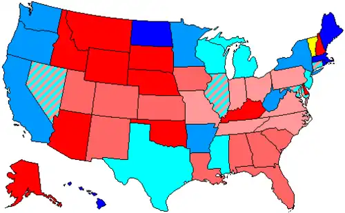 House seats by party holding plurality in state &nbsp;&nbsp;80+% to 100% Democratic &nbsp;&nbsp;80+% to 100% Republican &nbsp;&nbsp;60+% to 80% Democratic &nbsp;&nbsp;60+% to 80% Republican &nbsp;&nbsp;Up to 60% Democratic &nbsp;&nbsp;Up to 60% Republican &nbsp;&nbsp;100% Independent