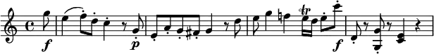 \relative g'' {
\key c \major \time 4/4
\partial 8 g8 \f
e4( f8-.) d-. c4-. r8 g-. \p
e8-. a-. g-. fis-. g4 r8 d'
e8 g4 f! e16 \trill d e8-. c'-. \f
d,,8-. r <g g,>-. r <e c>4 r
}