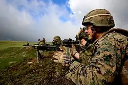 A soldier with the 17th Mountain Troops Battalion fires an M240B machine gun with a U.S. Marine of the Black Sea Rotational Force, 2014