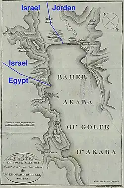 1822 area map by Eduard Rüppell, modern borders overlaid. His "Ruines d'Elana" is the site of Tell el-Kheleifeh.
