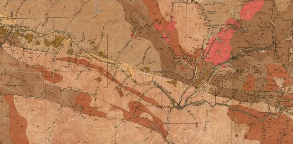 1907 geological map of the Silver Valley in Idaho, and the location of the Osburn Fault. Also included are the locations of the towns of Kellogg, Osburn, Wallace and Mullan (west to east).