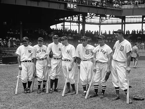 Image 6 1937 Major League Baseball All-Star Game Photo: Harris & Ewing; Restoration: Staxringold Seven players from the 1937 Major League Baseball All-Star Game. The players shown here represented the American League team and every one is a member of the Hall of Fame. Left to right: Lou Gehrig, Joe Cronin, Bill Dickey, Joe DiMaggio, Charlie Gehringer, Jimmie Foxx, and Hank Greenberg. More selected pictures