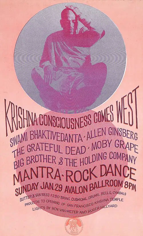 The Mantra-Rock poster showing an Indian swami sitting cross-legged in the top half with circular patterns around and with information about the concert in the bottom half