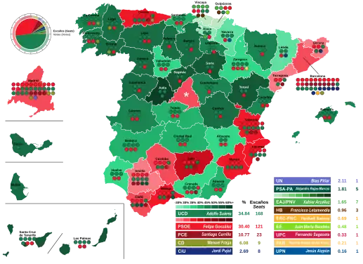Map of Spain showcasing seat distribution by Congress of Deputies constituency