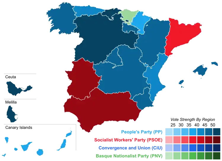 Map of Spain showcasing winning party's strength by autonomous community