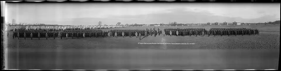 Panoramic picture of men standing to attention