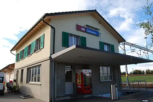 Two-story building with gabled roof