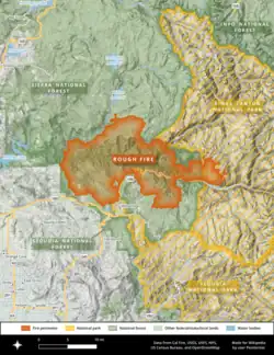 The footprint of the Rough Fire in Fresno County largely lay within Sierra and Sequoia National Forests, but extended partly into Sequoia and Kings Canyon National Parks