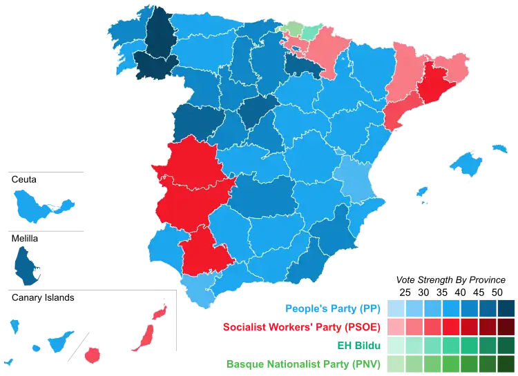 Map of Spain showcasing winning party's strength by constituency