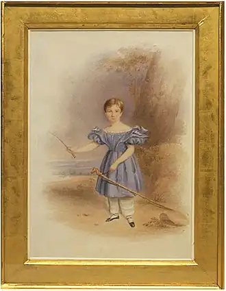 English watercolour, 1836. Boy in short dress with visible pantalettes as underwear