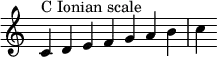{
\override Score.TimeSignature #'stencil = ##f
\relative c' {
\clef treble \time 7/4
c4^\markup { C Ionian scale } d e f g a b c
} }