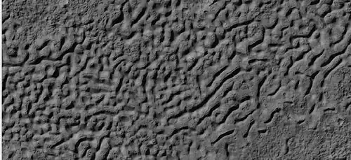 Surface of crater floor showing details from image taken with HiRISE, under HiWish program. This may be a transition from one type of structure to a different, maybe due to erosion.