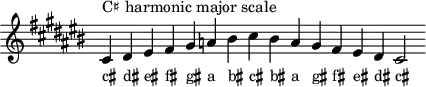 \header { tagline = ##f }
scale = \relative b { \key cis \major \omit Score.TimeSignature
cis^"C♯ harmonic major scale" dis eis fis gis a bis cis bis a gis fis eis dis cis2 }
\score { { << \cadenzaOn \scale \context NoteNames \scale >> } \layout { } \midi { } }