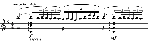 
\new Staff <<
   \set Staff.midiInstrument = #"violin"
   \tempo \markup "Lento" 4 = 40
   \clef treble
   \key g \major
   \numericTimeSignature \time 4/4
\new Voice = "Solo-V1"
\relative c{
   \voiceOne
    e'''2\=1(\=2( \tuplet 3/2 {e8\=2)[ \tuplet 3/2 { d16 e d } \tuplet 3/2 { c d c] }}\=1) \tuplet 3/2 {\tuplet 3/2 {b([ c b} \tuplet 3/2 {a c e} \tuplet 3/2 {g fis e])}}
    e4\=1(\=2( \tuplet 3/2 {[ \tuplet 3/2{e8\=1) d16 e d} \tuplet 3/2 {c16 d c}]}\=2)
}

\new Voice = "Hfe."
\relative c{
    \voiceTwo
    r2 <a' e' a c e>4_\markup { \italic espress. }\arpeggio \f r4
    r4 <a e' fis c' e>4\arpeggio \mf
}
>>

