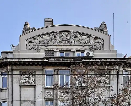 Early - Pediment of the Mihai Zisman House (Calea Călărașilor no. 44) in Bucharest, Romania, by architect Soru, 1920