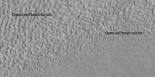 Open and closed brain terrain with labels, as seen by HiRISE under HiWish program. Location is Ismenius Lacus quadrangle.