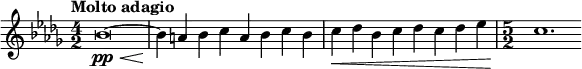 \relative c'' { \set Staff.midiInstrument = #"string ensemble 1" \clef treble \key bes \minor \time 4/2 \tempo "Molto adagio" bes\breve(~\pp\< | bes4\! a bes c a bes c bes | c\< des bes c des c des ees | \time 5/2 c1.\! }