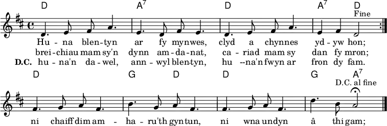 
\header { tagline = ##f }
\layout { indent = 0 \context { \Score \remove "Bar_number_engraver" } }

global = { \key d \major \time 4/4 }

introk = \chordmode { d,1\pp | a,:7 | d, | a,2:7 d, }
introkords = \chordmode { \global \set midiInstrument = "acoustic guitar (nylon)"
  \repeat volta 2 { \introk }
  d,1 | g,2 d, | d,1 | g,2 a,:7 \bar "|."
}
introV = \relative c' { d4. e8 fis a4. | e4.d8 fis e4. | d4. e8 fis a4. | e4 fis d2 }
introVoice = \relative c' { \global \set midiInstrument = "flute"
  \repeat volta 2 { \introV ^"Fine"}
  fis4. g8 a fis4. | b4. g8 a fis4. | fis4. g8 a fis4. | d'4. b8^"D.C. al fine" a2\fermata \bar "|."
}

verse = \new Lyrics \lyricmode {
  << { Hu -- na blen -- tyn ar fy myn -- wes,
     clyd a chyn -- nes yd -- yw hon; }
  \new Lyrics { brei -- chiau mam sy'n dynn am -- da -- nat,
    ca -- riad mam sy dan fy mron; }
  \new Lyrics \lyricmode { \set stanza = "D.C."
    hu -- na'n da -- wel, ann -- wyl blen -- tyn,
    hu --na'n fwyn ar fron dy fam. }
  >>
  ni chaiff dim am -- ha -- ru'th gyn -- tun,
  ni wna un -- dyn â thi gam;
}

\score {
  <<
    \new ChordNames \introkords
    \introVoice
    \addlyrics { \verse }
  >>
  \layout { }
}
\score { \unfoldRepeats { << { \introkords \introk } \\ { \introVoice \introV } >> }
  \midi {
    \tempo 4=90
    \context { \Score midiChannelMapping = #'instrument }
    \context { \Staff \remove "Staff_performer" }
    \context { \Voice \consists "Staff_performer" }
  }
}
