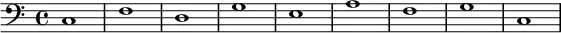 
   {
        \new Staff <<
            \new Voice \relative c' {
                \stemDown \clef bass \key c \major \time 4/4 \tempo 1 = 60 \set Score.tempoHideNote = ##t
                c,1 f d g e a f g c,
                }
            >>
     }
