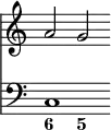 { \override Score.TimeSignature #'stencil = ##f \time 6/4 << { a'2 g' } \new Staff { \clef bass { c1 } } \figures { < 6 >2 < 5 > } >> }