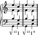 \new PianoStaff <<
\new Staff \fixed c' {
\omit Score.TimeSignature \time 2/4
<< { e'\glissando c' e'\glissando d' } \\ { f e f e } >>
}
\new Staff { \clef bass << { b g b g } \\ { g, c g, c } >> }
\new Lyrics \lyricmode {
\markup { V \super 13 } I \bar "||"
\markup { V \super 13 } \markup { I \super 9 } \bar "||"
}
>>