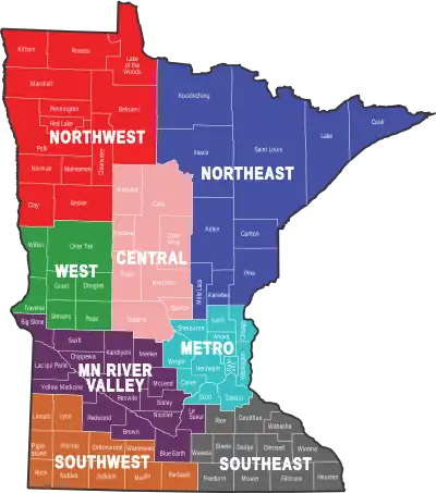 Map of Minnesota with the regions Northwest, Northeast, West Central, Southwest, Metro, South Central, and Southeast labeled.