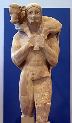 The Moschophoros or calf-bearer, c. 570 BC, Athens, Acropolis Museum.