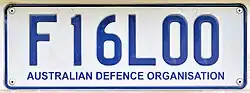 Registration plate with number F16LOO above the text Australian Defence Organisation