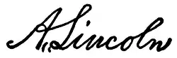 President Abraham Lincoln's signature as it appeared on the United States Patent that restored the Mission property to the Catholic Church in 1862. This is one of the few documents that the President signed as "A. Lincoln" instead of his customary "Abraham Lincoln".