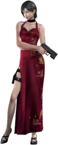 A woman wearing a red dress, a choker and high heels, and carrying a gun.
